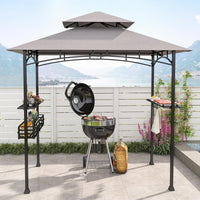 Gazebo per Barbecue, Pergola per BBQ con 2 Ripiani Laterali, Cestino, Ganci Appendiutensili, Apribottiglie, Copertura a 2 Livelli, per Giardino e Cortile, 242 x 153 x 250 cm (Grigio)