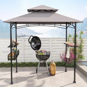 Gazebo per Barbecue, Pergola per BBQ con 2 Ripiani Laterali, Cestino, Ganci Appendiutensili, Apribottiglie, Copertura a 2 Livelli, per Giardino e Cortile, 242 x 153 x 250 cm (Grigio)