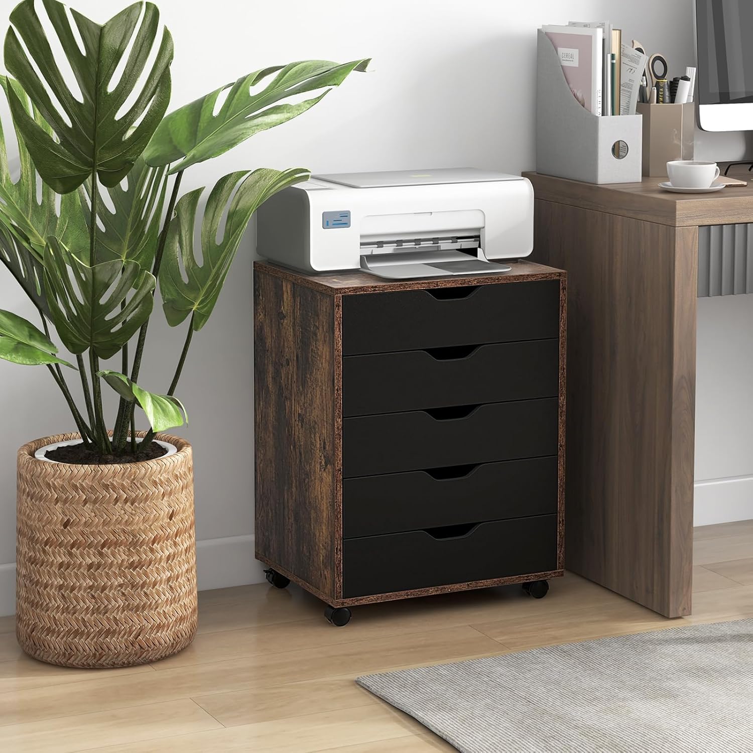 Cassettiera da Ufficio con 5 Cassetti e Ruote, Mobiletto Multiuso per Documenti e Cosmetici, Comodino con Ruote per Camera da letto Studio Ufficio e Soggiorno (Marrone)