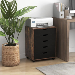 Cassettiera da Ufficio con 5 Cassetti e Ruote, Mobiletto Multiuso per Documenti e Cosmetici, Comodino con Ruote per Camera da letto Studio Ufficio e Soggiorno (Marrone)