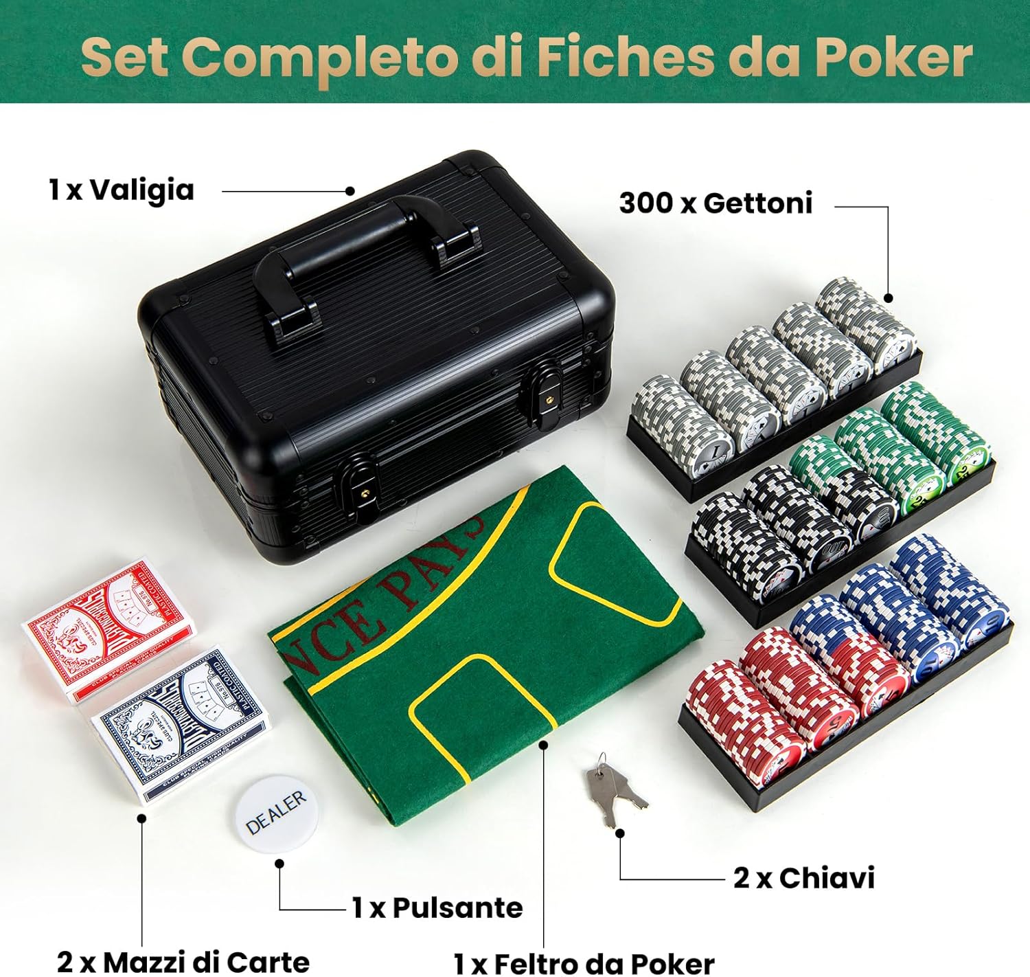 Set da Poker Completo con 300 Finches e 2 Mazzi di Poker, Valigetta in Alluminio a 2 Chiavi con Tappetino e Bottone Dealer, Fish Poker per Texas Holdem e Blackjack