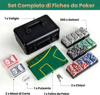 Set da Poker Completo con 300 Finches e 2 Mazzi di Poker, Valigetta in Alluminio a 2 Chiavi con Tappetino e Bottone Dealer, Fish Poker per Texas Holdem e Blackjack