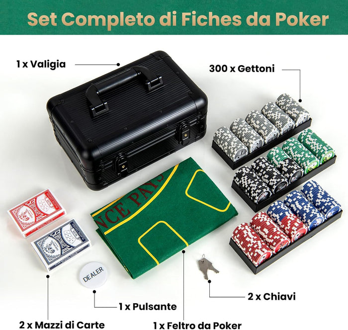 Set da Poker Completo con 300 Finches e 2 Mazzi di Poker, Valigetta in Alluminio a 2 Chiavi con Tappetino e Bottone Dealer, Fish Poker per Texas Holdem e Blackjack