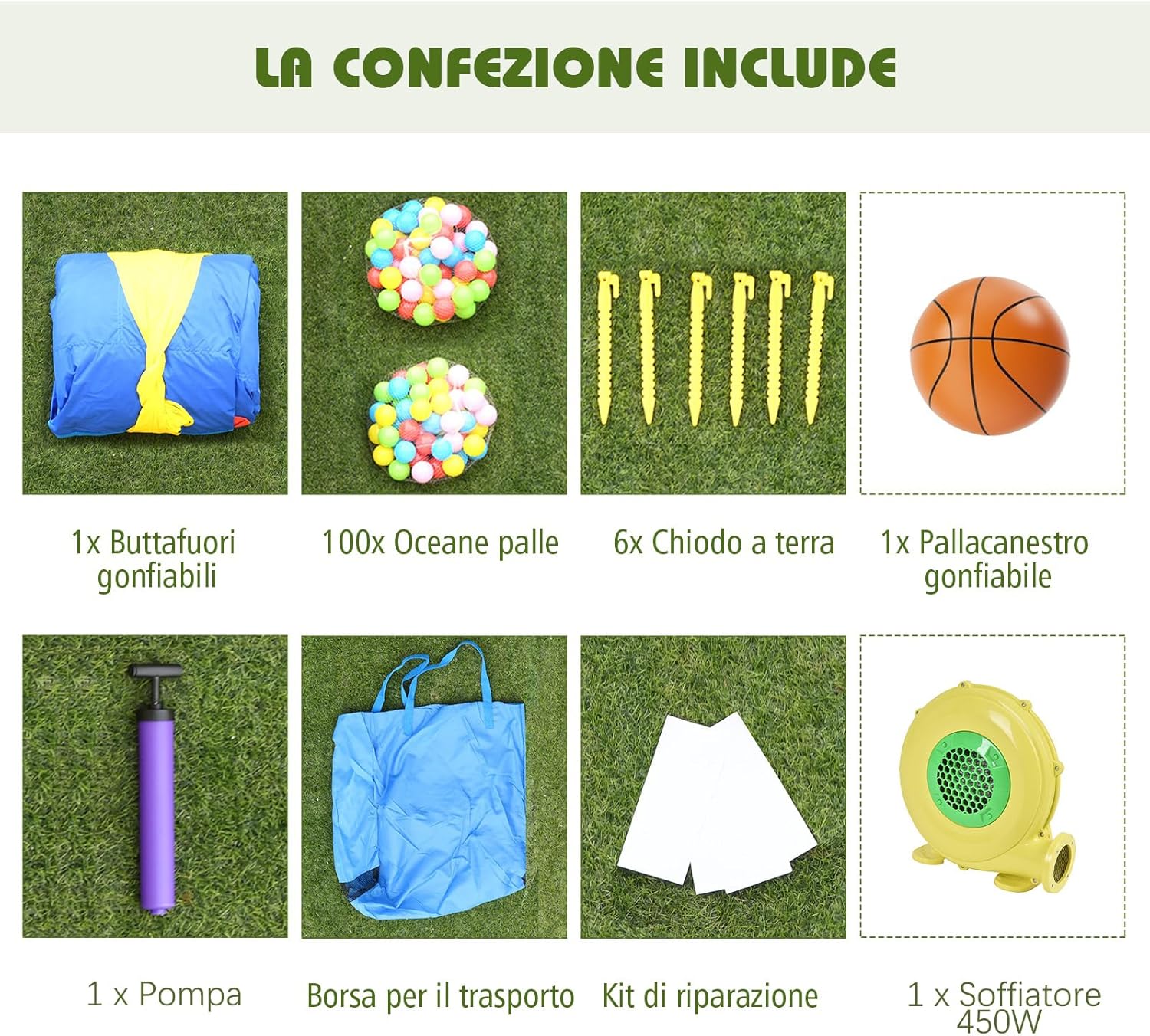 Castello Gonfiabile Per Bambini, con Scivolo, 100 Palline, Borsa di Trasporto e Kit di Riparazione, per 3 Bambini 3-10 anni, Regalo Perfetto per Bambini (con Soffiatore 450W)