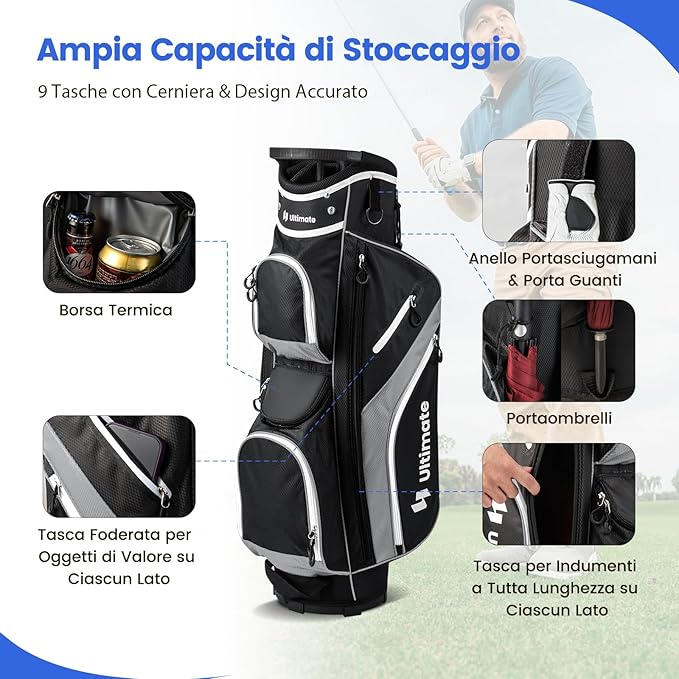 Borsa da Golf con Divisori Superiori a 14 Vie, 9 Tasche, Tasca Termica, Tasca per Scarpe, Porta Ombrello, Doppia Tracolla e Cappuccio Antipioggia, Sacca da Golf per Uomo e Donna