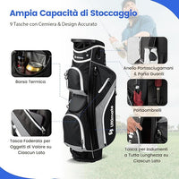 Borsa da Golf con Divisori Superiori a 14 Vie, 9 Tasche, Tasca Termica, Tasca per Scarpe, Porta Ombrello, Doppia Tracolla e Cappuccio Antipioggia, Sacca da Golf per Uomo e Donna
