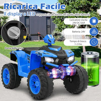 24V Quad Elettrico per Bambini, Macchina Elettrica Cavalcabile con Musica Radio Luci a LED, Avvio Lento, Velocità Fino a 5km/h, per Bambini 3-8 Anni (Blu)