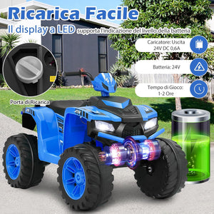 24V Quad Elettrico per Bambini, Macchina Elettrica Cavalcabile con Musica Radio Luci a LED, Avvio Lento, Velocità Fino a 5km/h, per Bambini 3-8 Anni (Blu)
