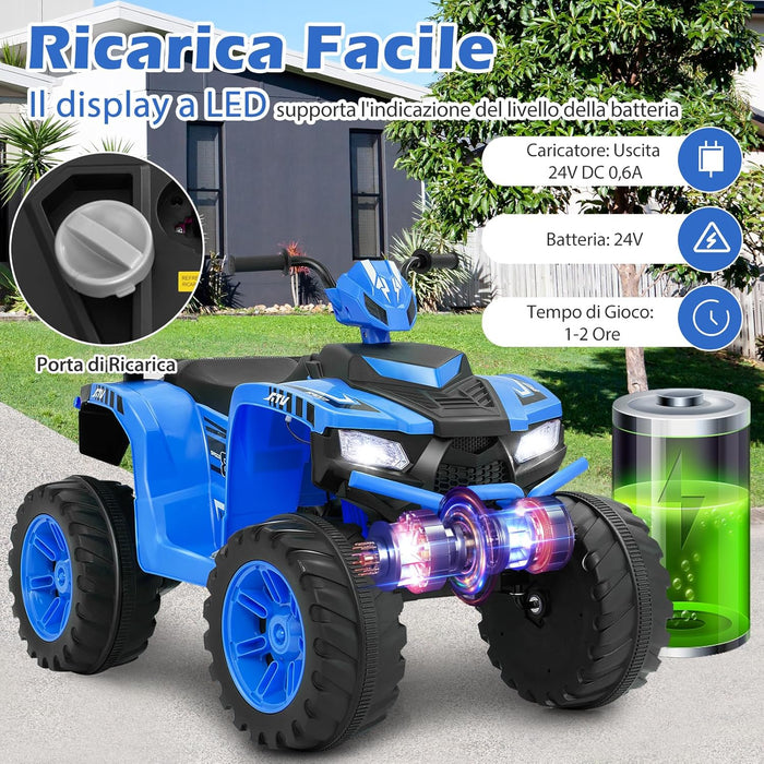 24V Quad Elettrico per Bambini, Macchina Elettrica Cavalcabile con Musica Radio Luci a LED, Avvio Lento, Velocità Fino a 5km/h, per Bambini 3-8 Anni (Blu)
