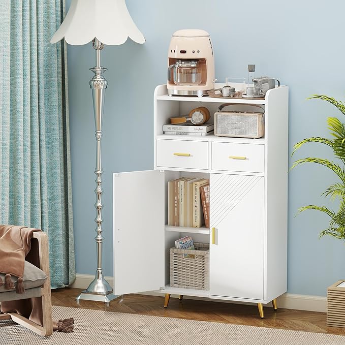 Mobiletto Bagno Salvaspazio 60 x 30 x 113 cm, Credenza Soggiorno con Ante, 2 Cassetti e Ripiano Regolabile, Armadietto da Cucina per Sala da Pranzo e Lavanderia (Bianco)