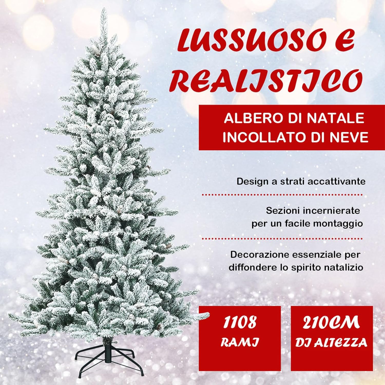 Albero di Natale Innevato 210 cm, Albero di Natale con 1108 Rami Densi, Pigne Bianche e Base in Ferro, Albero di Natale Artificiale e Realistico per Casa, Negozio e Ufficio