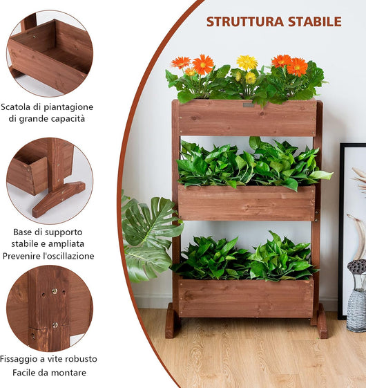 Fioriera di Legno con 3 Livelli, Scaffale per Piante, Scala con Fioriere di Legno Staccabili, Scaffale per Piante Multiuso, Ideale per Interno ed Esterno