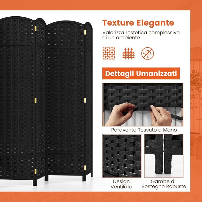 Paravento Pieghevole a 6 Pannelli, Pannelli Divisori da Interno con Texture Intrecciata a Mano e Telaio in Legno, Separé Divisorio a Parete Autoportante per Casa, Ufficio e Negozio (Nero)