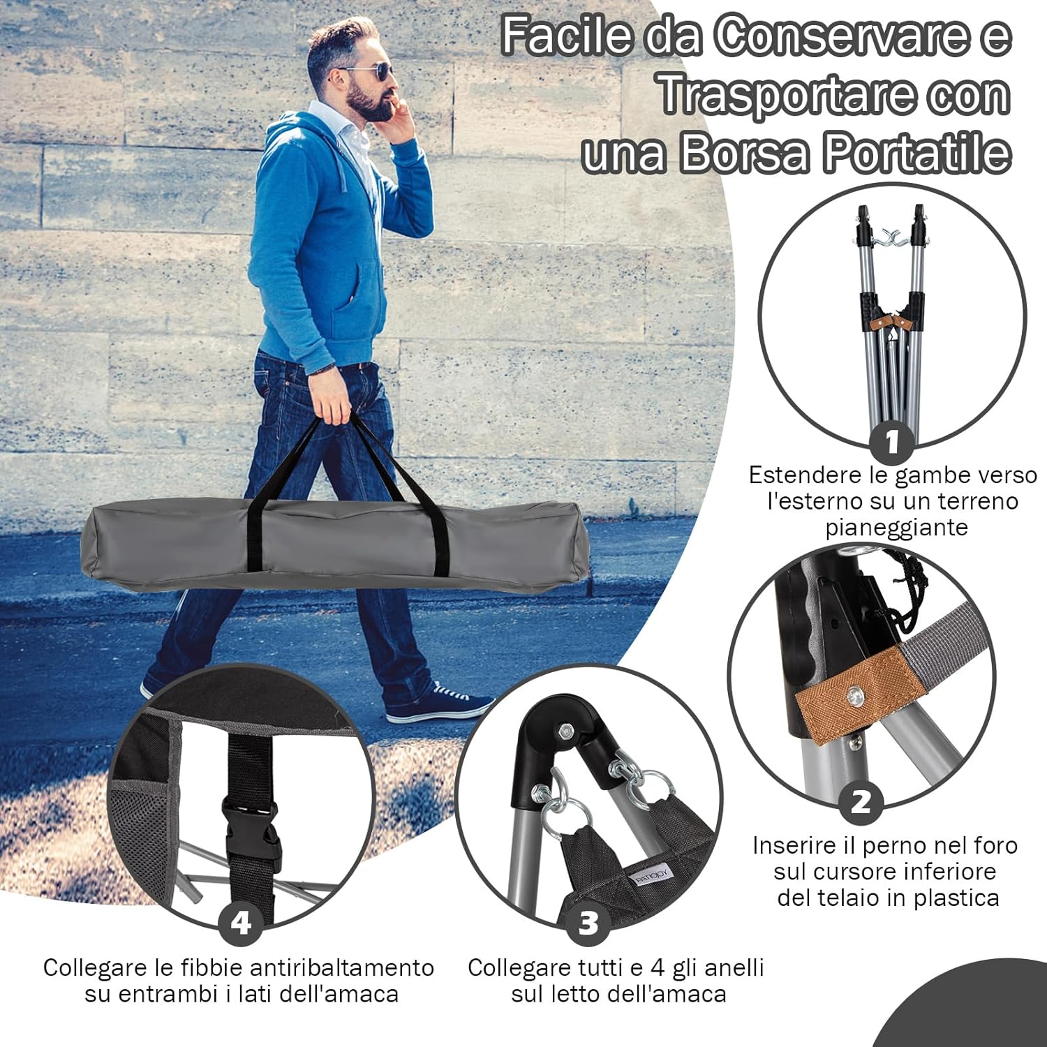 Amaca Pieghevole, Amaca con Tasca Laterale, Amaca con Supporto in Metallo e Fibbie Antiribaltamento, per Interno ed Esterno, Fino a 150 kg(Nero)