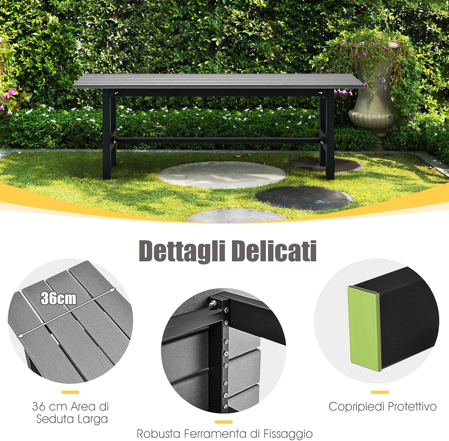 Panchina da Esterno con Sedile HDPE, Panca da Giardino con Telaio in Metallo Verniciato a Polvere, Panchina da Giardino, Parco e Balcone, Portata 300 kg, 120 x 36 x 40,5 cm (Grigio)