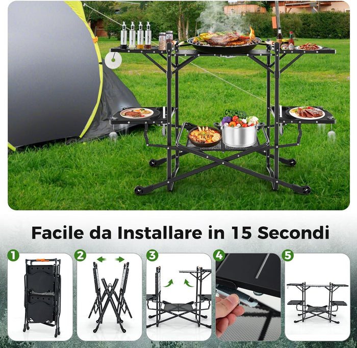 Tavolo da Campeggio Pighevole, Tavolo da Cucina Portatile con 4 Tavoli Laterali, Tavolo da Cucina per Picnic con Mensola Portaoggetti, Borsa