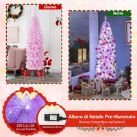 Albero di Natale Artificiale Pre-Illuminato da 180 CM, Albero di Natale Slim Rosa con 475 Rami, 250 Luci LED, Base Pieghevole in Metallo, Decorazione Natalizia per Casa Ufficio Feste