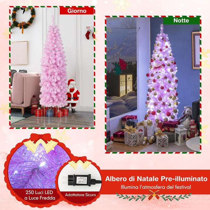 Albero di Natale Artificiale Pre-Illuminato da 180 CM, Albero di Natale Slim Rosa con 475 Rami, 250 Luci LED, Base Pieghevole in Metallo, Decorazione Natalizia per Casa Ufficio Feste
