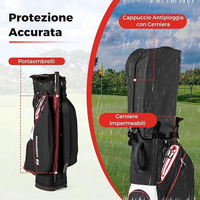 Borsa da Golf per Carrello con 14 Scomparti, Organizzatore Portatile per Mazze da Golf con Tasca Frigo, Tracolla Regolabile, Cappuccio Antipioggia e Porta Ombrello per Uomo e Donna