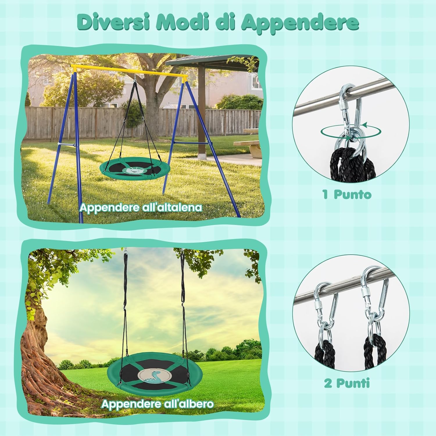 Altalena a Cerchio da 102 cm, Altalena a Nido con Corde Regolabili e Moschettoni, Tessuto Oxford Impermeabile, Altalena Rotonda da Esterno con Rotazione a 360Â° per Bambini(Verde)