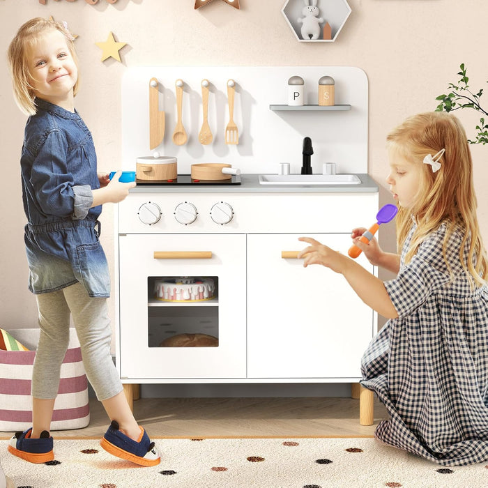 Cucina Giocattolo con Fornelli a Suoni e Luci Reali, Cucina per Bambini in Legno con Lavandelo Estrabile, Rubinetto e Forno, Set Cucina con 11 Accessori, 55 x 31 x 75 cm (Bianco)