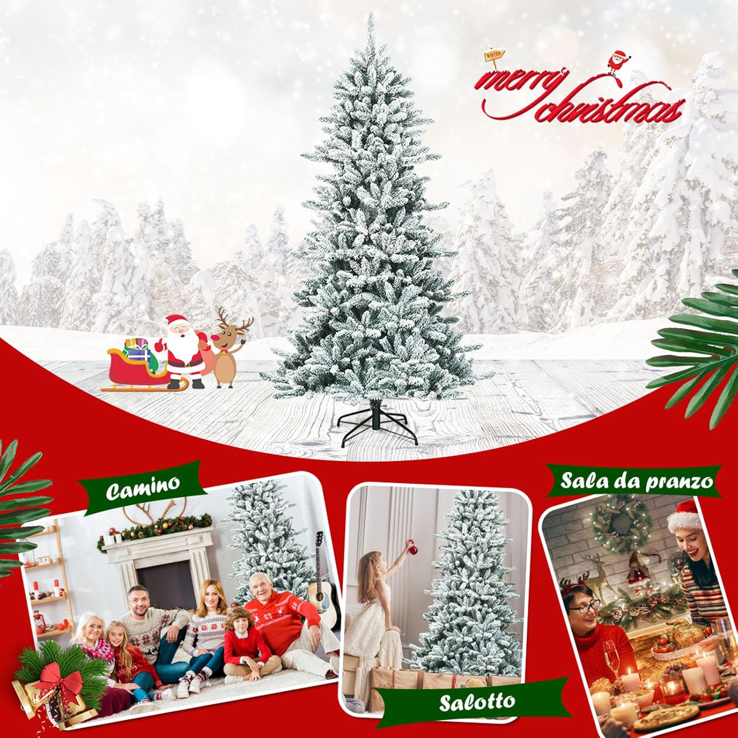 Albero di Natale Innevato 210 cm, Albero di Natale con 1108 Rami Densi, Pigne Bianche e Base in Ferro, Albero di Natale Artificiale e Realistico per Casa, Negozio e Ufficio