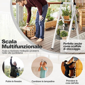 Scala Pieghevole in Alluminio a 3 Gradini, Scaletta Salvaspazio con Corrimano, Ampi Pedali e Piedini Antiscivolo, Telaio in Alluminio Robusto e Leggero, Portata 150kg