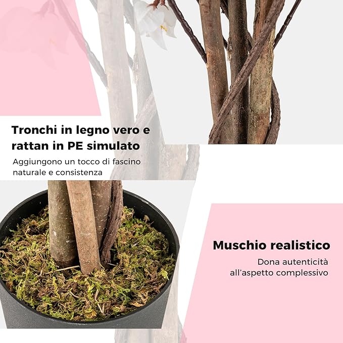 Albero Artificiale di Bougainvillea 120 cm, Pianta Finta in Vaso con 360 Fiori e 40 Foglie, Pianta Decorativa per Casa, Ufficio e Negozio (Rosa,2)