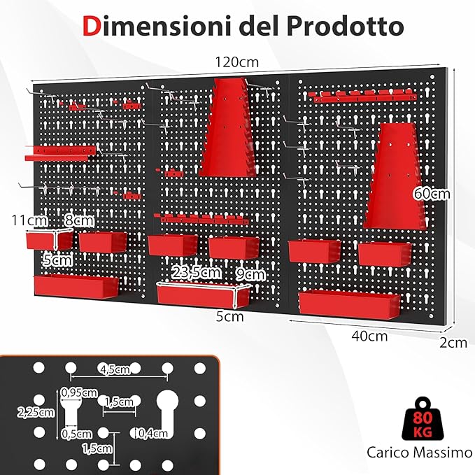 Pannello Forato da Muro, Organizzatore con 9 Contenitori, Supporti per Martelli, Portautensili e Ganci, Ideale per Garage e Officina (Rosso)
