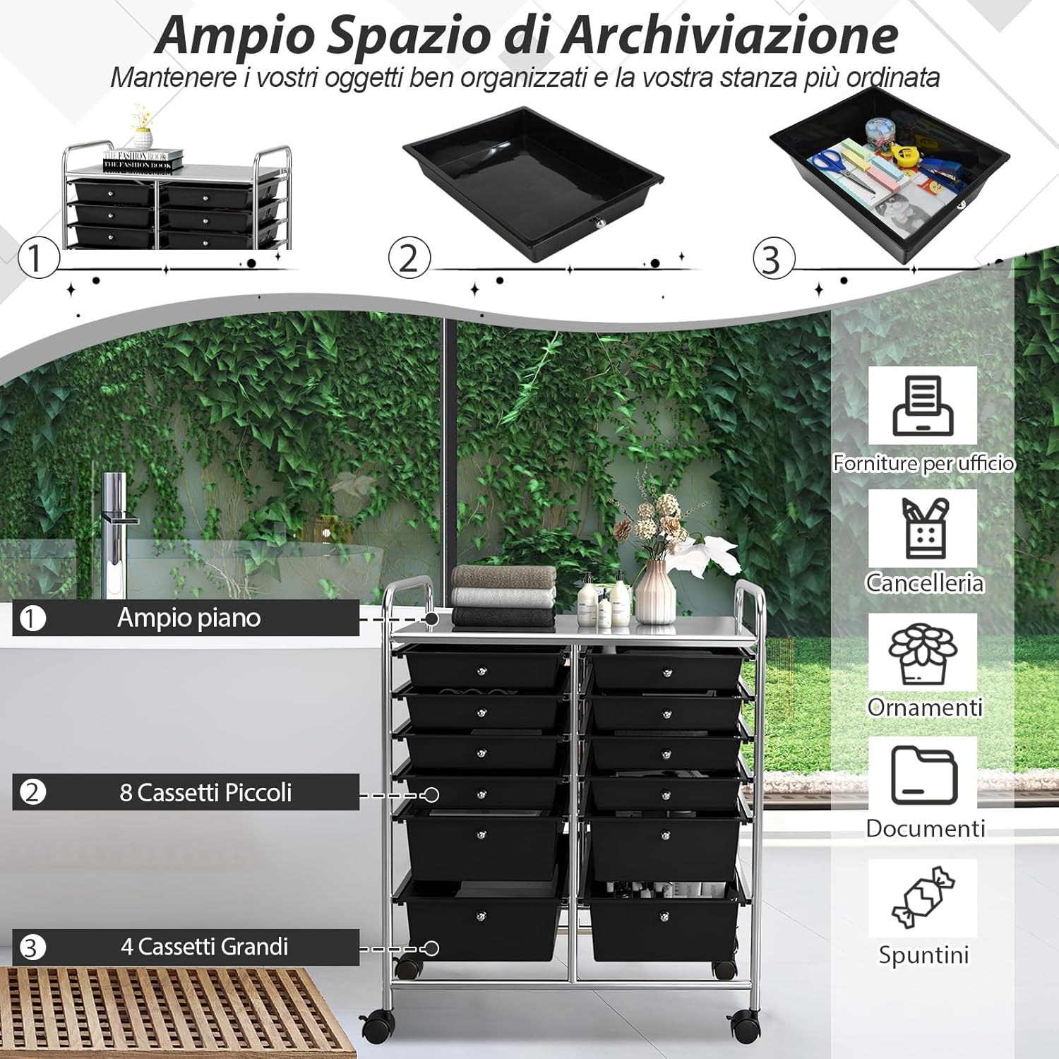 Carrello con 12 Cassetti con Ruote, Ideale per Ufficio e Domestico, 73,5 x 37 x 63 cm (Nero)