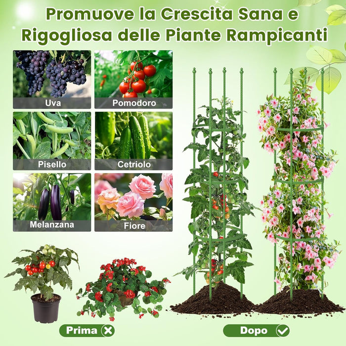 2 Tralicci per Pomodori 145 cm, Obelisco per Piante Rampicanti in Metallo Rivestito in PE, Trellis da Giardino per Verdure, Viti, Fiori e Piante