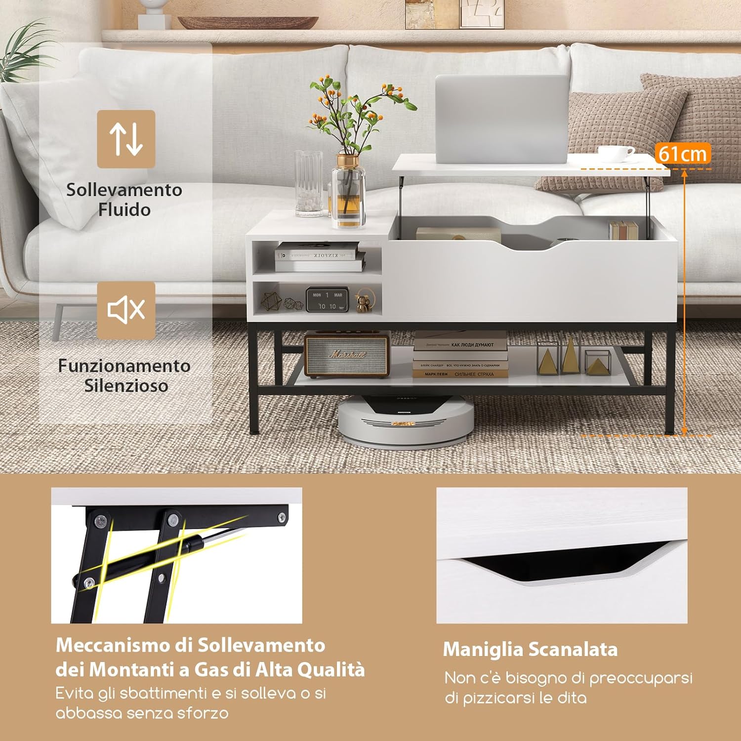 Tavolino da Salotto, Tavolino da Caffè con Piano Sollevabile, Vano Nascosto e Ripiano Rimovibile, Tavolino Basso in Legno e Metallo per Soggiorno e Sala, 100 x 50 x 48-61 cm (Bianco)