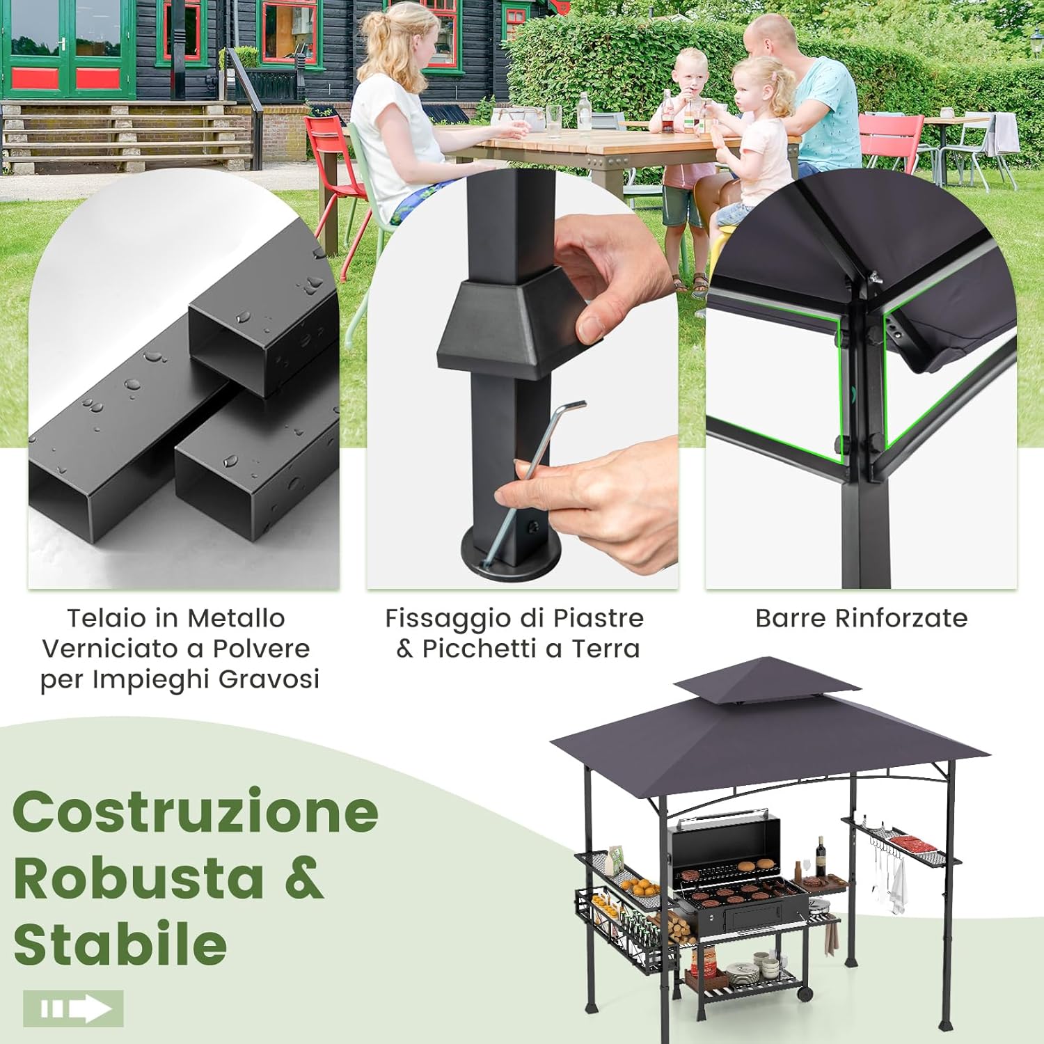 Gazebo per Barbecue, Pergola per BBQ con 2 Ripiani Laterali, Cestino, Ganci Appendiutensili, Apribottiglie, Copertura a 2 Livelli, per Giardino e Cortile, 242 x 153 x 250 cm (Grigio Scuro)
