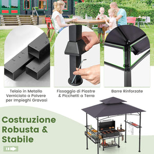 Gazebo per Barbecue, Pergola per BBQ con 2 Ripiani Laterali, Cestino, Ganci Appendiutensili, Apribottiglie, Copertura a 2 Livelli, per Giardino e Cortile, 242 x 153 x 250 cm (Grigio Scuro)