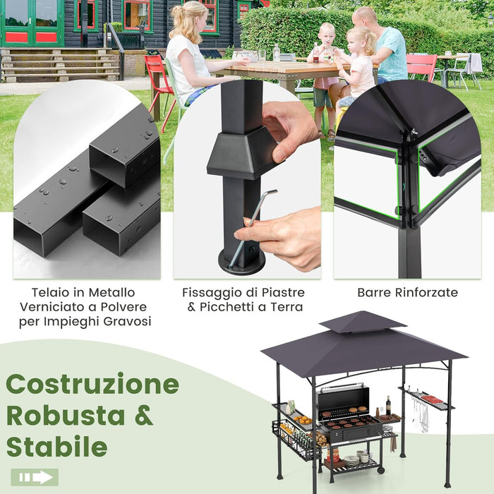 Gazebo per Barbecue, Pergola per BBQ con 2 Ripiani Laterali, Cestino, Ganci Appendiutensili, Apribottiglie, Copertura a 2 Livelli, per Giardino e Cortile, 242 x 153 x 250 cm (Grigio Scuro)
