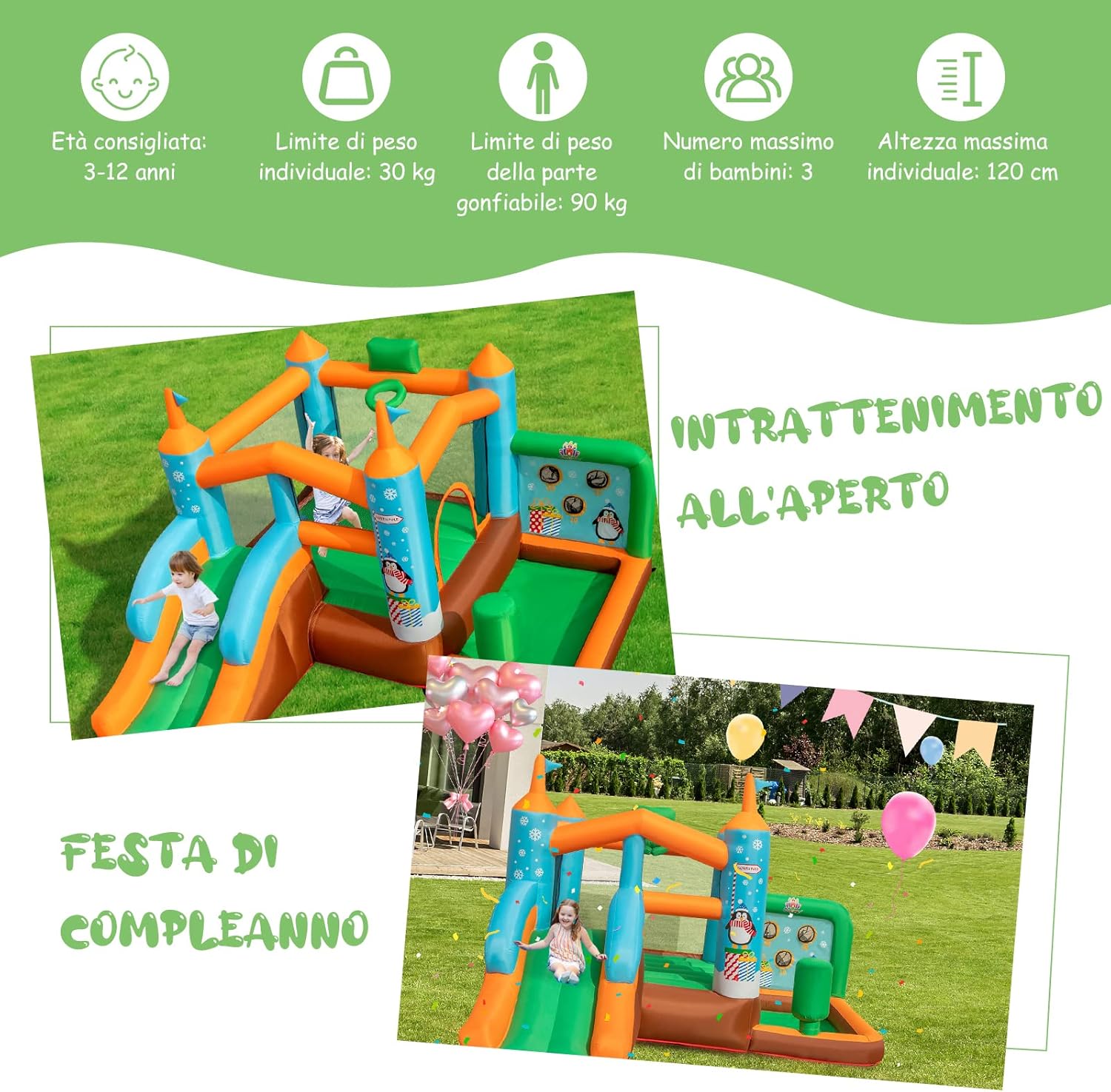 Castello gonfiabile per Bambini, Con Scivolo, Trampolino, Canestro da Basket e Sacco da Box, per 3 Bambini di 3-12 Anni, Con Borsa di Trasporto e Kit di Riparazione (Senza soffiatore)