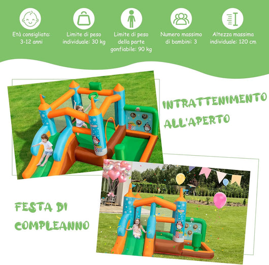 Castello gonfiabile per Bambini, Con Scivolo, Trampolino, Canestro da Basket e Sacco da Box, per 3 Bambini di 3-12 Anni, Con Borsa di Trasporto e Kit di Riparazione (Senza soffiatore)
