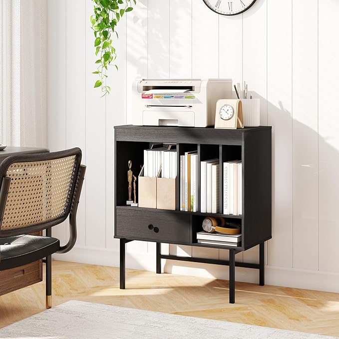 Armadio Camera da Letto 70 x 36 x 80 cm, Credenza Salvaspazia in Legno con Scomparti Aperti, Supporti per Album e Cassetto, Mobile Moderno per Sala Musica e Soggiorno (Nero)