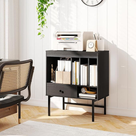 Armadio Camera da Letto 70 x 36 x 80 cm, Credenza Salvaspazia in Legno con Scomparti Aperti, Supporti per Album e Cassetto, Mobile Moderno per Sala Musica e Soggiorno (Nero)