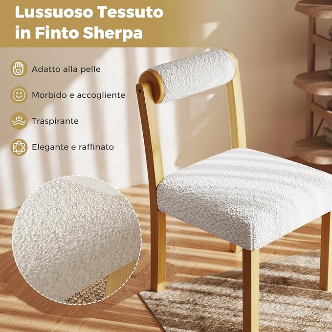 Set di 2 Sedie da Pranzo, Sedie con Schienale Cilindrico, Rivestimento e Struttura in Legno di Gomma per Cucina, Sala da Pranzo e Bar