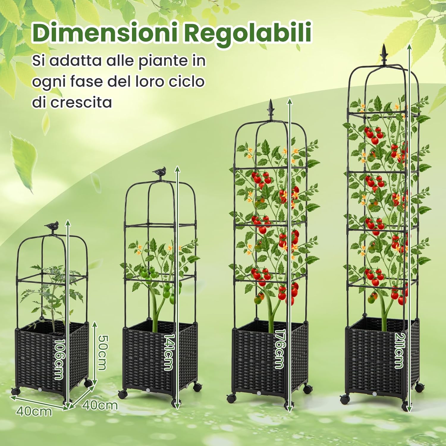 Traliccio per Rampicanti da Esterno, Obelisco Regolabile in Altezza tra 106-211 cm con Vasca per Piante e Ruote Bloccabili, Obelisco in Metallo per Fiori, Frutti e Verdure