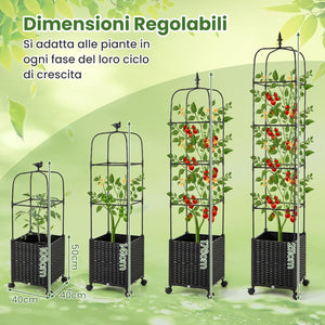 Traliccio per Rampicanti da Esterno, Obelisco Regolabile in Altezza tra 106-211 cm con Vasca per Piante e Ruote Bloccabili, Obelisco in Metallo per Fiori, Frutti e Verdure