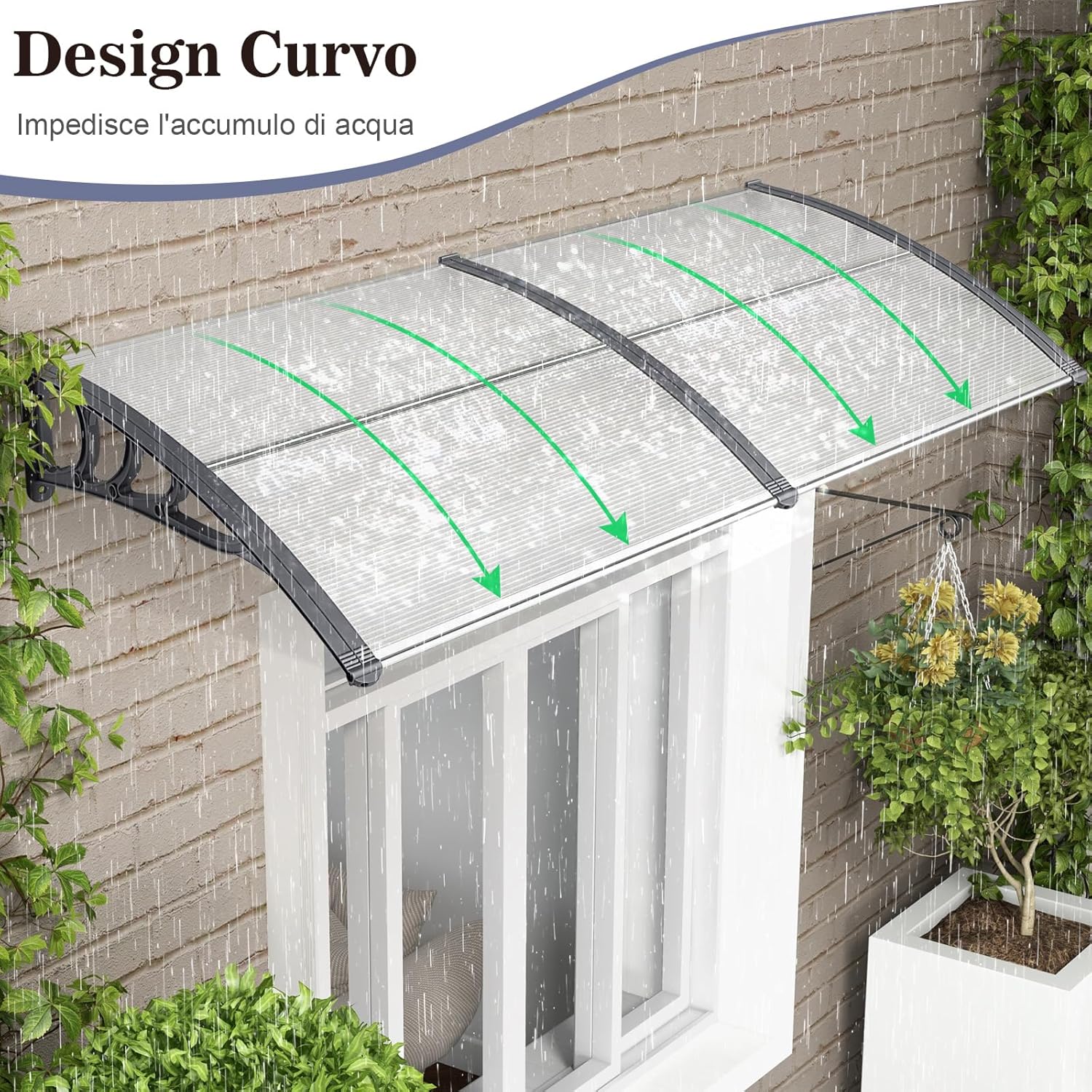 Tettoia per Porta Finestra, Pensilina Tettoia per Porta in Policarbonato, per Protezione da Sole, Pioggia, Neve, per Balcone, Finestre e Porte (Trasparente, 199 x 99 x 28 cm)