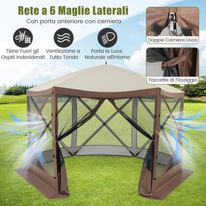 Gazebo da Giardino Pop-Up 3,5 x 3,5 m, Tenda da Giardino a 6 Lati con Tetto Ventilato e Manico, 2 Pareti Rimovibili, Rete a Maglia, Borsa da Trasporto per Patio, Giardino, Campeggio
