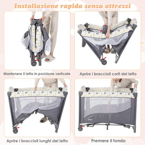 5-in-1 Lettino da Campeggio con Materasso, Lettino per Bambini con Fasciatoio, Lettino Pieghevole e Portabile, Altezza Regolabile in 5 Livelli, per Bambini 0-36 Mesi (Grigio+Beige)