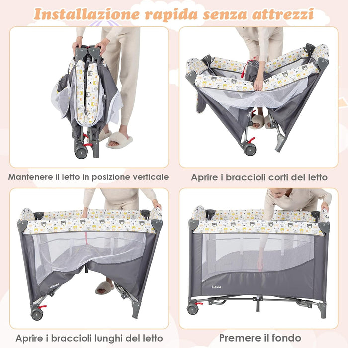5-in-1 Lettino da Campeggio con Materasso, Lettino per Bambini con Fasciatoio, Lettino Pieghevole e Portabile, Altezza Regolabile in 5 Livelli, per Bambini 0-36 Mesi (Grigio+Beige)
