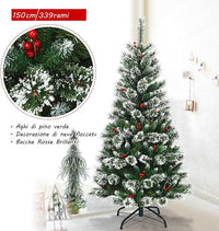 Albero di Natale Innevato 150/180/210/240 cm, Albero di Natale Artificiale con Rami, Bacche Rosse e Base di Metallo, Decorazione Natalizia per Casa, Negozio e Ufficio (150 CM)