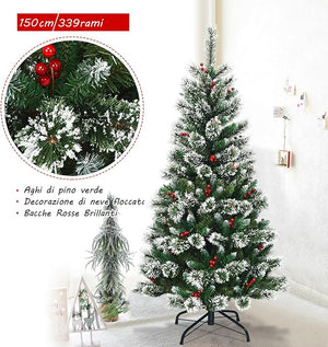 Albero di Natale Innevato 150/180/210/240 cm, Albero di Natale Artificiale con Rami, Bacche Rosse e Base di Metallo, Decorazione Natalizia per Casa, Negozio e Ufficio (150 CM)