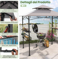 Gazebo per Barbecue, Pergola per BBQ con 2 Ripiani Laterali, Cestino, Ganci Appendiutensili, Apribottiglie, Copertura a 2 Livelli, per Giardino e Cortile, 242 x 153 x 250 cm (Grigio)