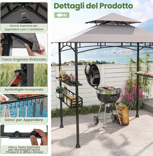 Gazebo per Barbecue, Pergola per BBQ con 2 Ripiani Laterali, Cestino, Ganci Appendiutensili, Apribottiglie, Copertura a 2 Livelli, per Giardino e Cortile, 242 x 153 x 250 cm (Grigio)